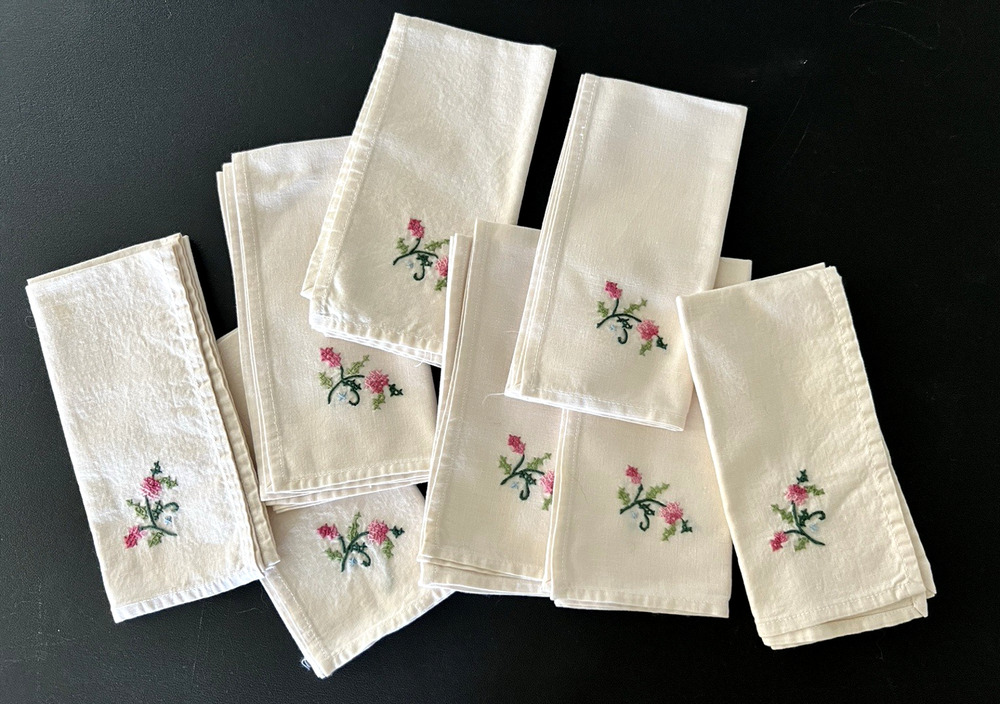 Vintage Set of 8 Cotton TEACLOTH NAPKINS Pink Cross Stitch Flowers On Corners